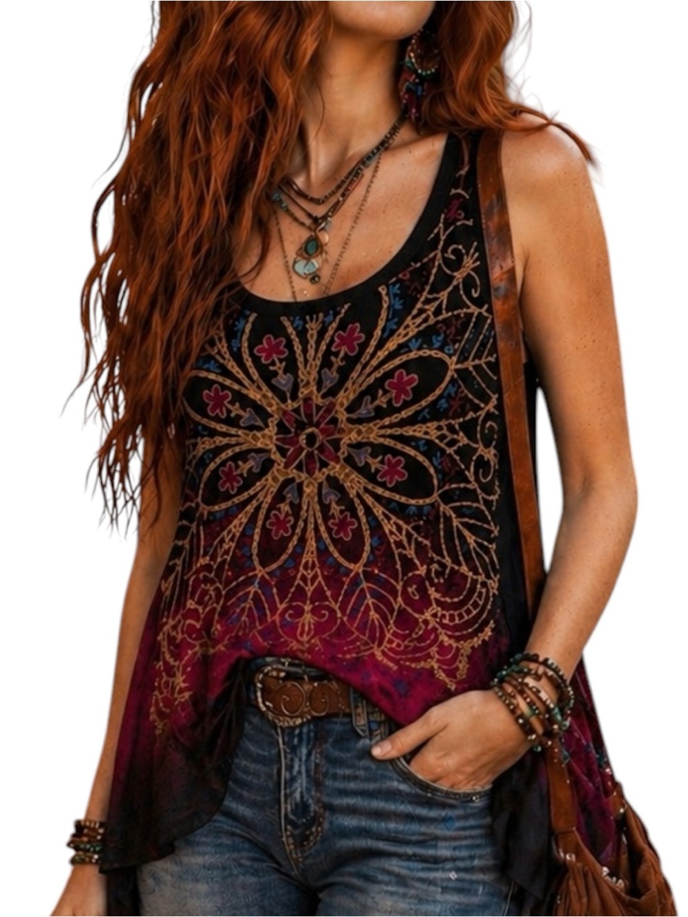 DC Jeans Boho Mandala Festival Ombre Flowy Sleeveless Tank Top Tunic Large